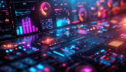 Fototapeta premium AI algorithm learning from data, holographic charts, futuristic interface, vibrant colors, high resolution, advanced technology,