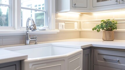 Close-up of a space-efficient vintage corner sink in a kitchen, designed to fit in the corner, studio lighting highlighting its classic charm