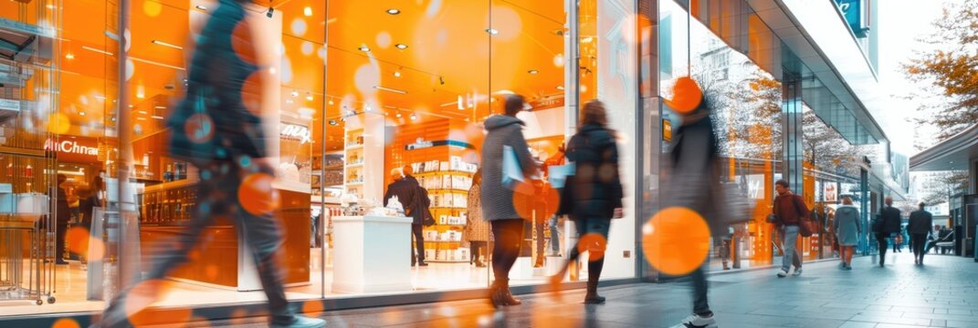 A motion blurred image of people walking in front of the shopping store window, representing a shopping concept.