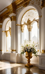 Fototapeta premium The white wall is decorated with golden baroque details and arched doors and windows. Floor to ceiling windows