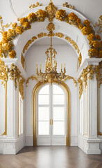 Fototapeta premium The white wall is decorated with golden baroque details and arched doors and windows. Floor to ceiling windows