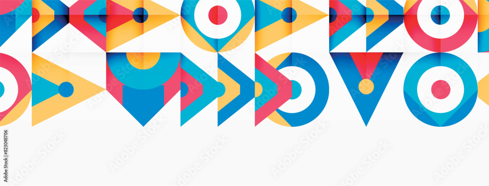 Poster a vibrant geometric design featuring arrows and circles set against a white backdrop, displaying a m