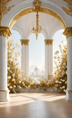 Fototapeta premium The white wall is decorated with golden baroque details and arched doors and windows. Floor to ceiling windows
