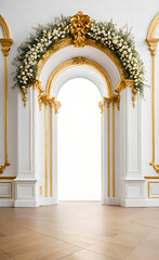 Fototapeta premium The white wall is decorated with golden baroque details and arched doors and windows. Floor to ceiling windows