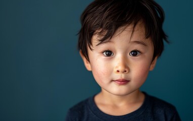 An Asian transgender child wearing a black shirt standing against a vibrant blue background