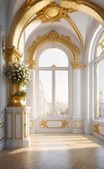Fototapeta premium The white wall is decorated with golden baroque details and arched doors and windows. Floor to ceiling windows