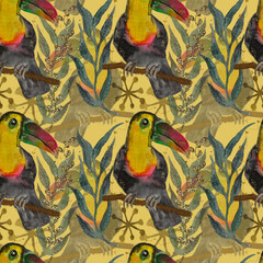 Large Colorful Toucan Birds and Tropical Plant, Seamless Watercolor rainforest Pattern on yellow Background 