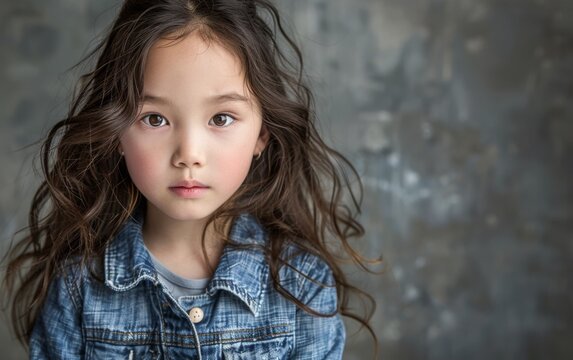 East Asian transgender child with long hair wearing a denim jacket