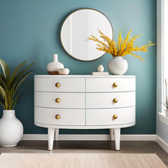 small round ottoman in front of a modern white chest of drawers in a minimalist Japanese style room, stylish interior design, modern room furniture,	
