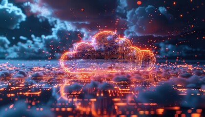 Big data cloud storage, holographic interface, vibrant colors, advanced technology, high resolution,