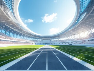 Modern sports stadiums with circular roofs and playgrounds