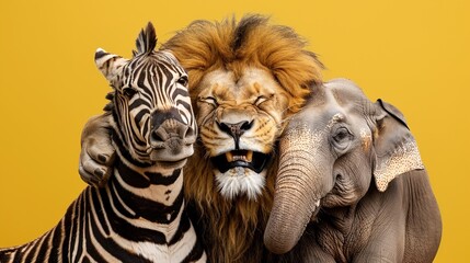 lion king smiling looking at camera and hugs his friends zebra and elephant on yellow background with copy space. concept of conservation wild African animals. welcome to africa cheerful fun banner