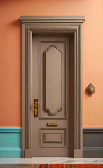 A quality wooden door with a taupe finish and two warm toned moldings for a modern look. Door handle, front door design