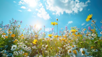 Sun-drenched meadow with wildflowers and a clear blue sky