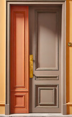 A quality wooden door with a taupe finish and two warm toned moldings for a modern look. Door handle, front door design