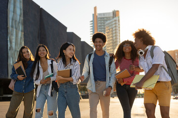 College Students Relaxing and Chatting on Campus Bench