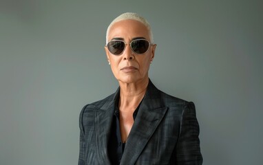 An older woman of South Asian descent confidently wears sunglasses and a suit, exuding sophistication and style