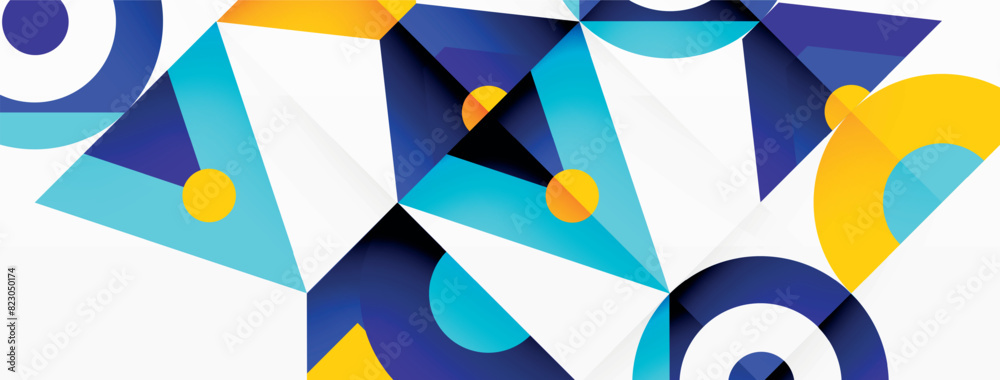 Poster A blue and yellow geometric pattern is displayed on a white background. It is a creative piece involving triangles and rectangles, part of a textile product with an artistic aqua design