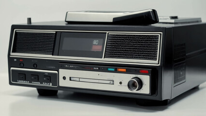 Obraz premium Retro reel to reel tape recorder on white background. Close up