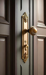 A quality wooden door with a taupe finish and two warm toned moldings for a modern look. Door handle, front door design