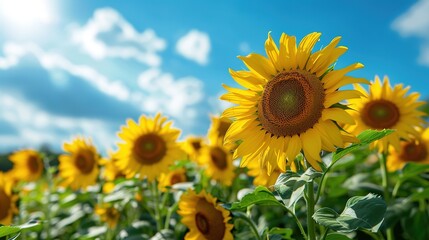 Obraz premium Sunflowers in full bloom against a bright blue sky