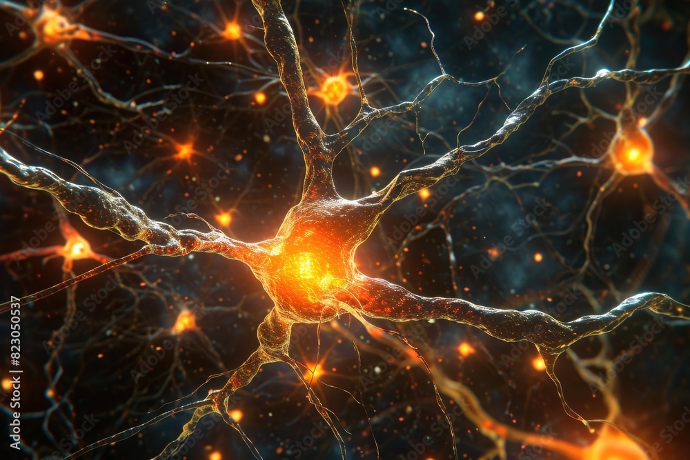 Poster dynamic motion of neurotransmitter release at synapses, neurotransmitter realistic photo from macro 