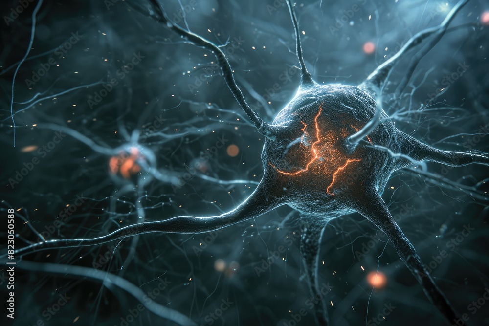 Fototapete Dynamic motion of neurotransmitter release at synapses, neurotransmitter realistic photo from macro world