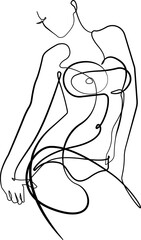 Trendy Line Art Woman Body. Minimalistic Black Lines Drawing. Female Figure Continuous One Line Abstract Drawing. Modern Scandinavian Design. Naked Body Art. Vector Illustration.