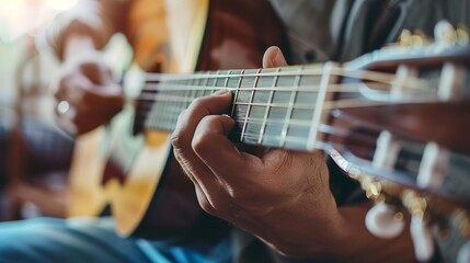 Fototapeta premium Musician Playing Guitar: A musician strums a guitar, skillfully plucking the strings and creating harmonious melodies that captivate the audience