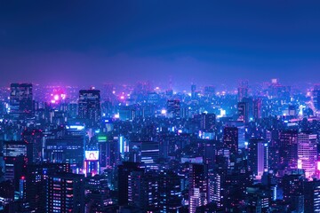 City skyline under neon night with river view, Glowing neon on city skyline with colorful clouds at night