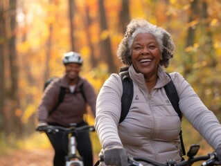 Fototapeta premium Senior African American Couple Biking in Autumn Forest 