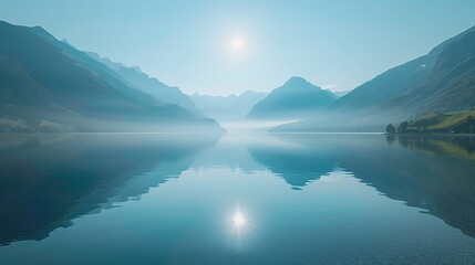 Sunlight reflecting off a calm lake surrounded by mountains