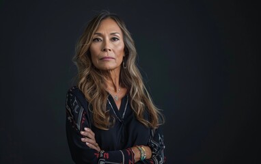 Obraz premium A middle-aged transgender Native American woman with long hair wearing a black shirt