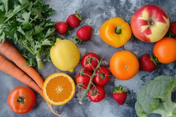 Create a flat lay of various fruits and vegetable