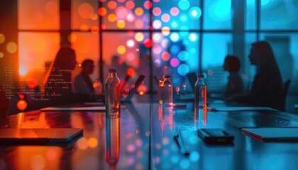 Business meeting with holographic interface, digital strategy, vibrant colors, modern office, hightech design, high resolution,