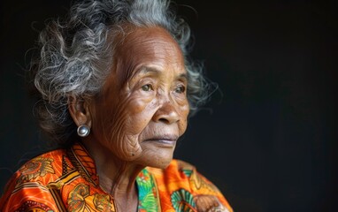 Fototapeta premium An elderly transgender woman of Polynesian descent wearing earrings and characterized by grey hair