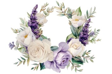 a wreath with watercolor lavender and white roses