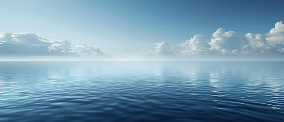 Calm sea stretching to the horizon with a mirrorlike reflection copy space, serene vista, realistic, silhouette, vast waters