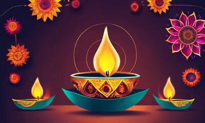 Happy Diwali - Diya lamps lit during diwali celebration