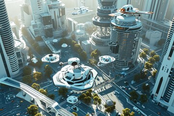 Design a bustling metropolis with flying cars