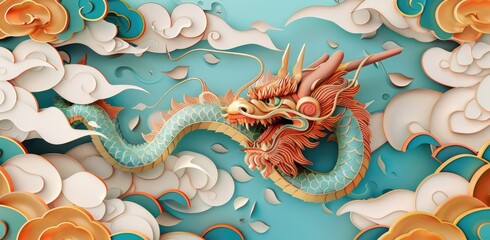 dragon on a blue background with white clouds