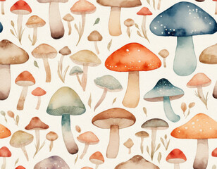 Vibrant Watercolor Mushroom Pattern with Leaves