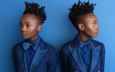 Young transgender woman of East African descent wearing a blue suit and bow tie