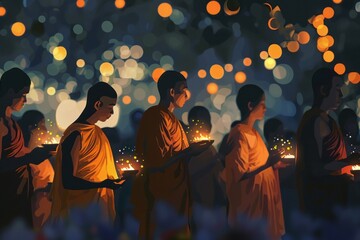 group of monk holding a candle while praying on Vesak Day Celebration