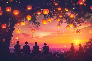 Young monks meditating together surrounded by lantern on Vesak Day Celebration