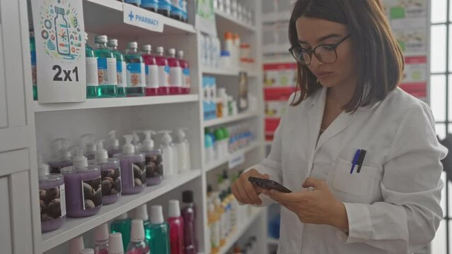 A young hispanic woman in a white lab coat selects a product from a pharmacy shelf while using her phone, surrounded by various bottles inside the drugstore.