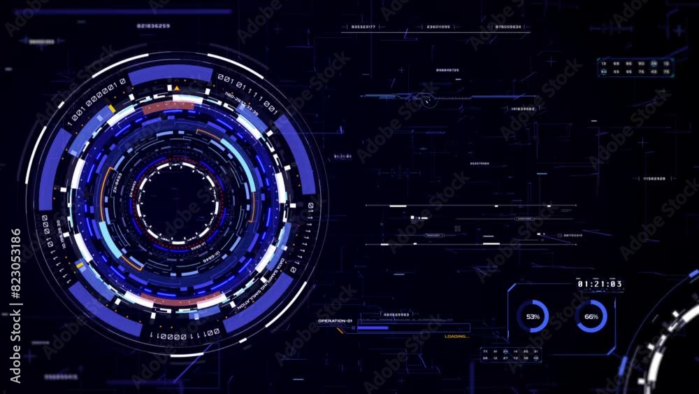 Aufkleber HUD futuristic spinning circle crosshair element with digital data, chart for business development, game, technology 4K motion