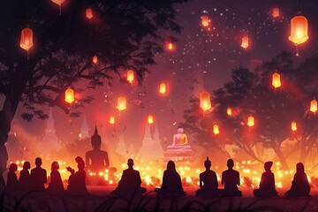 Group of people meditating together in front of Buddha statue on Vesak Day celebration