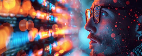 Data scientist analyzing big data, holographic interface, advanced technology, vibrant colors, photorealistic,