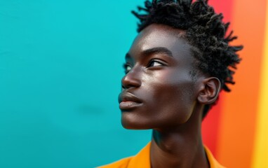 Obraz premium A young adult transgender woman with dreadlocks stands in front of a vibrant and colorful wall
